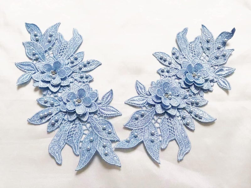 Ruinuo 3D Lace Beads Flower Applique Patches Sew on Patches Embroidery Appliques Rhinestone Sewing Wedding Dress Collar Decor Wathet - Image 1